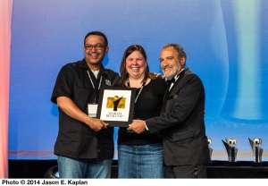 Piney River Brewing received their gold award at the 2014 World Beer Cup held in Denver on Friday night.  Shown here, left to right:  Brian Durham, head brewer and co-founder; Joleen Durham, co-founder, and Charlie Papazian, president of the Brewer’s Association.